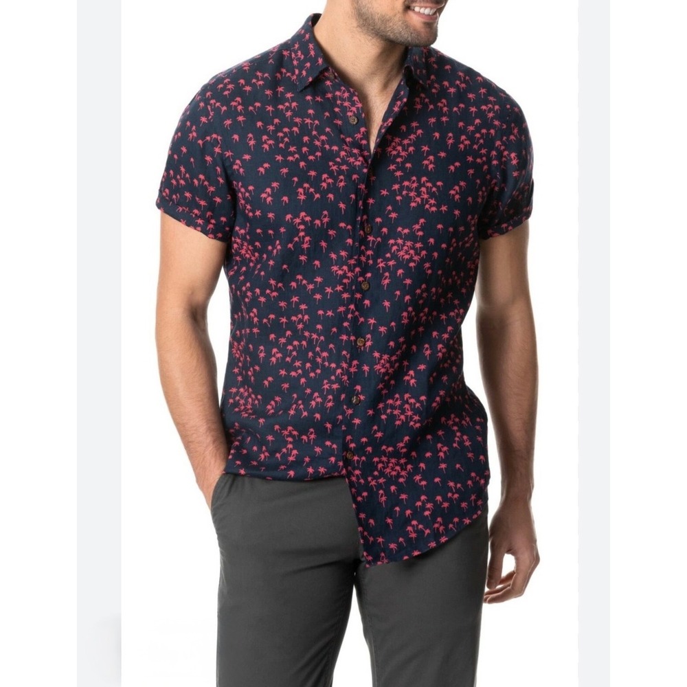 100% Albini Italian Linen Men’s Shirt M by Rodd & Gunn Navy Pink flamingos